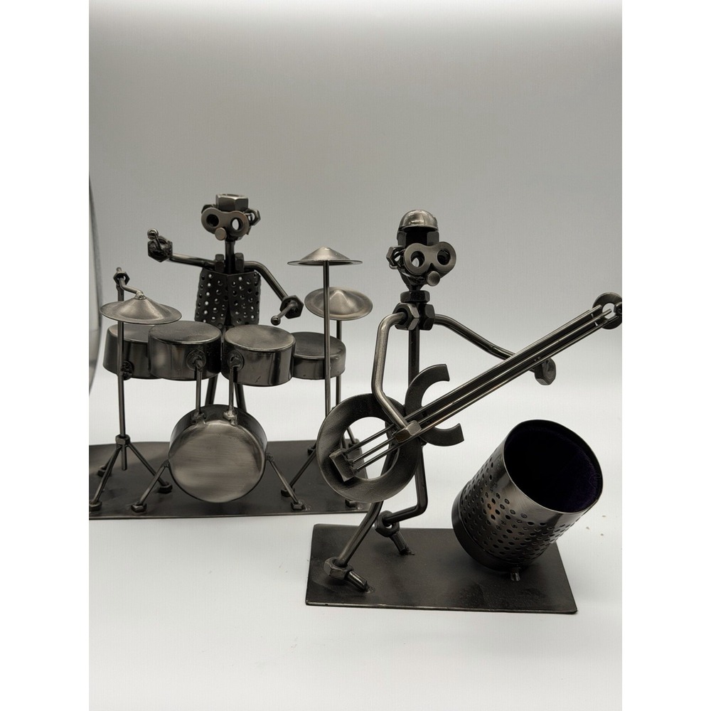 Nuts & Bolts Band Drummer and Guitar Desk Pen Holders Metal Musicians Sculpture